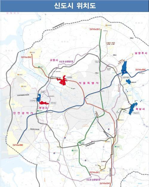 국토교통부가 7일 발표한 ‘수도권 주택 30만호 공급안-3차 신규택지 추진 계획’에 따른 신도시 위치도. 새 신도시 입지는 경기 고양시 창릉동과 부천시 대장동 등으로 결정됐다. 국토교통부 제공