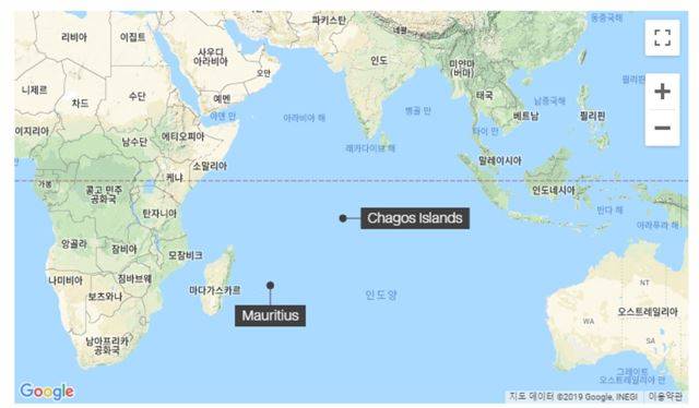 인도양 위에 놓인 모리셔스와 차고스제도. 구글 지도 캡처