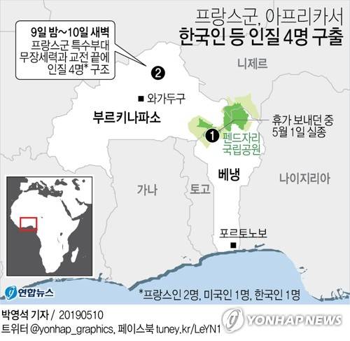 [그래픽] 프랑스군, 아프리카서 한국인 등 인질 4명 구출 (서울=연합뉴스) 박영석 기자 = 아프리카 부르키나파소에서 한국인 1명이 프랑스인, 미국인들과 함께 무장세력에 납치됐다가 프랑스군 특수부대의 작전 끝에 구출됐다. zeroground@yna.co.kr