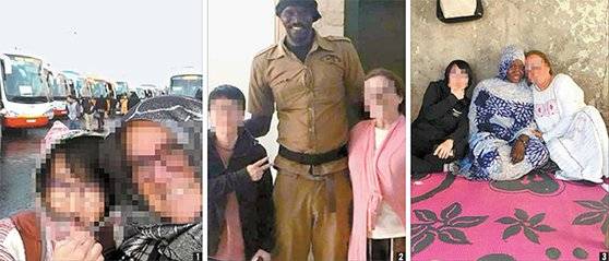 ① 구출된 한국인 장씨와 미국인 여성 D씨(오른쪽)가 모로코에서 서사하라까지 이동하는 버스 앞에서 찍은 사진. ② 적생경보지역인 말리에서 군복 차림의 남성과 함께 사진을 찍은 장씨(왼쪽)와 D씨. ③ 아프리카 여성과 포즈를 취한 장씨(왼쪽)와 D씨(오른쪽). [미국 여성 D씨 페이스북 캡처]