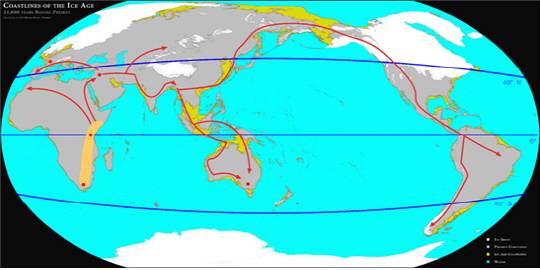 빙기 때 해안선과 슬기 사람의 주 이동 경로(20만∼5만 년 전).