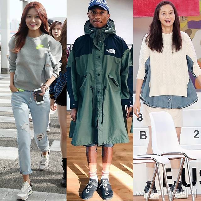 '사카이' 의상을 착용한 그룹 소녀시대 수영, 가수 퍼렐 윌리엄스, 배우 이나영 /사진=머니투데이 DB, 퍼렐 윌리엄스 인스타그램