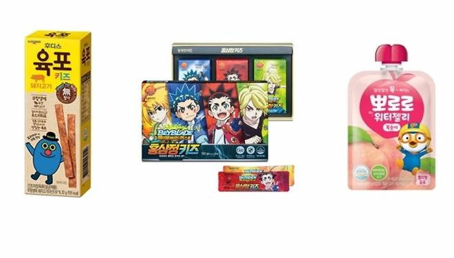 어린이 소비자들을 겨냥한 각 사의 캐릭터 제품 [사진=일동후디스, 동원에프앤비, 팔도]