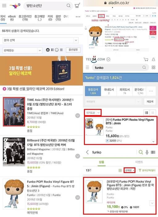 알라딘, YES24, 교보문고 홈페이지 갈무리