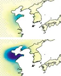2008~2012년(위)과 2014~2017년(아래)의 프레온가스 평균 배출량. 색이 진할수록 배출량이 많다는 의미로, 최근 중국 동부지역의 배출량이 크게 늘었음이 나타난다. /네이처