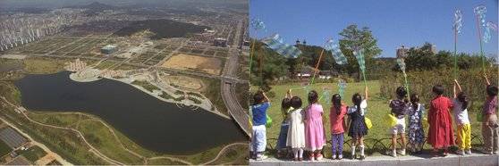 신도시 조성이 마무리된 1996년 일산과 분당. 하늘에서 내려다 본 일산 호수공원(왼쪽)과 분당 중앙공원을 찾은 어린이들.