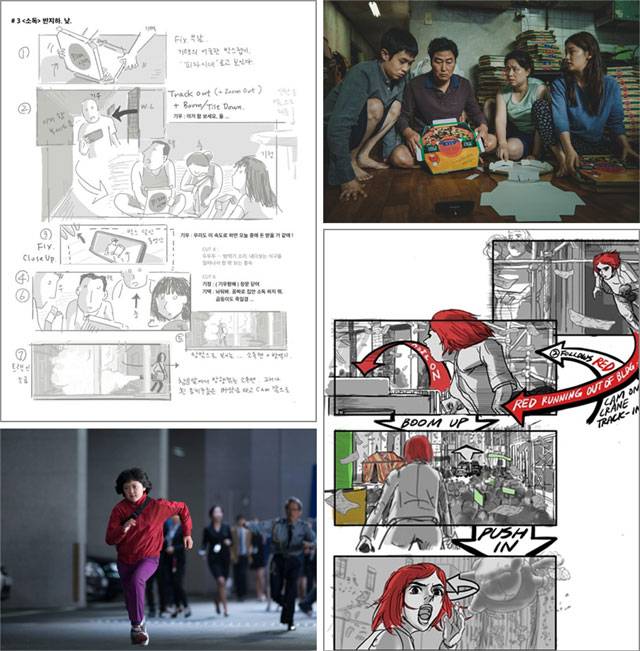 “어디서 어떻게 장면이 바뀌어야 될지 뼛속까지 알게된다”는 봉준호 감독의 말처럼 그가 그린 섬세한 스토리보드는 스크린에 그대로 재현된다. (왼쪽 위부터 시계 방향으로)‘기생충’에서 전원 백수인 기택(송강호)네가 반지하에서 피자 박스를 접는 장면도 철저히 스토리보드를 따른 결과물이다. 빠르고 거친 스케치로 완성하거나 ‘옥자’처럼 포인트 색을 입혀 만화적 완성도를 높이기도 했다. 앤드크레딧·CJ엔터테인먼트·넷플릭스 제공