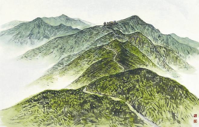 피안으로 가는 길. 소백산은 기후변화가 잦은 높은 산이지만 굴곡이 완만해 널따란 꽃잎에 싸인 듯 편안함마저 든다. 연꽃은 불국토를 상징한다. 연화봉 오르는 길은 사바세계에서 피안으로 가는 길인가. 임도와 데크, 마대가 깔려 있어 걷기에 편하다. 소백산 오름길, 45X70cm, 한지에 수묵담채, 2019