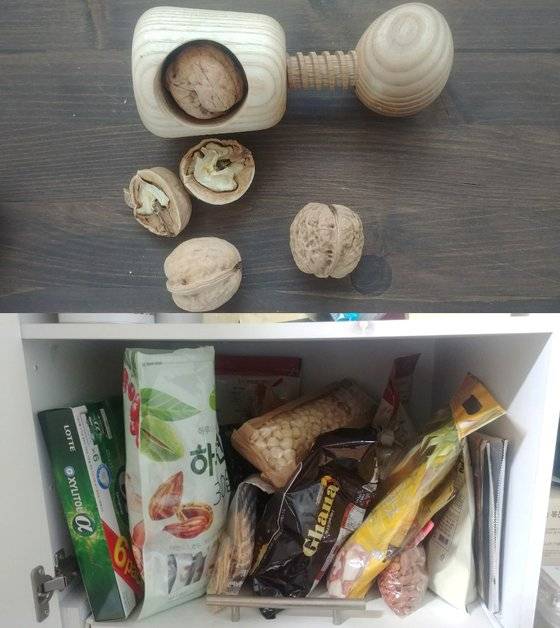 어머니의 소확행 중 하나는 '먹는 것'이다. 이 세상의 맛있는 음식들을 맛볼 때면 아이처럼 즐거워하신다. 나에게는 익숙한 것이 어머니에게는 새로움으로 다가간다. 사진은 어머니가 즐기는 호두(위)와 행복이 깃든 간식 창고(아래). [사진 이한세]