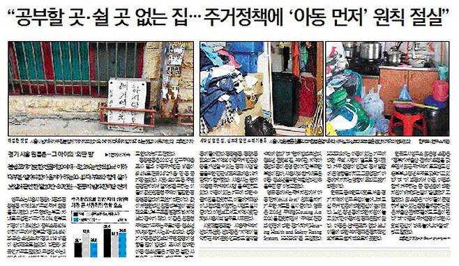 한국도시연구소가 경기 시흥시 정왕본동 일대 526가구를 대상으로 벌인 ‘아동주거 실태조사·연구결과’를 보도한 경향신문 4월11일자 기사.