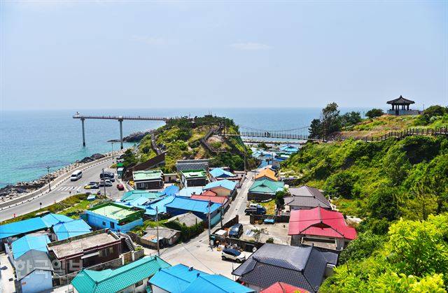 후포리 등기산공원에서 출렁다리를 지나 바다 위로 스카이워크가 놓여져 있다. 후포리 ‘백년손님’ 벽화마을은 사진 오른쪽 등기산 뒤편이다. 울진=최흥수 기자