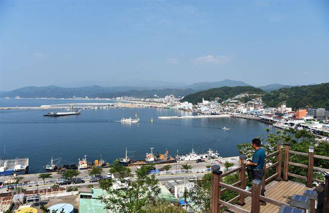 등기산공원 후포등대 부근에서 내려다본 후포항. 대게 집산지이자 울진에서 가장 큰 항구다.