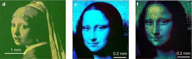 투명한 플라스틱 표면에 잉크 없이 색을 만들어 명화를 재현한 이미지다. 왼쪽은 ‘진주목걸이를 한 소녀’로 노란색 빛이 보강간섭한 결과다(투명 플라스틱 필름을 녹색 바닥 위에 놓았다). 가운데와 오른쪽은 용매를 달리했을 때 나온 ‘모나리자’로 가운데는 파란색 단색이지만 오른쪽은 노란색과 녹색, 파란색에 걸쳐 있다(투명 플라스틱 필름을 검은색 바닥 위에 놓았다). 다이클로로메탄을 처리하면 미세구조 크기가 일정하게 나오는 반면(가운데) 클로로포름을 쓸 경우 편차가 커서 이런 현상이 생겼다(오른쪽). 네이처 제공