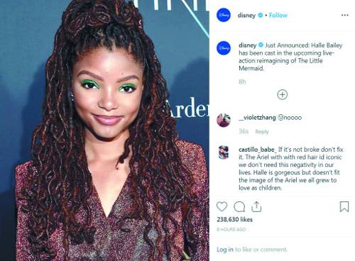 디즈니가 4일 공식 인스타그램에 애니메이션 ‘인어공주’의 실사영화 주인공으로 흑인 가수이자 배우인 할리 베일리를 캐스팅했다고 밝혔다. 보수적 여성관과 백인중심주의라는 비판을 받아온 할리우드는 최근 점차 다양성과 페미니즘을 강조하는 추세다. 하지만 원작의 주인공 애리얼은 흰 피부에 빨간색 머리여서 흑인 배우 캐스팅은 어울리지 않는다는 비판도 나온다. 연합뉴스