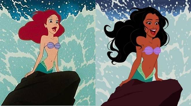 ▲ 디즈니 애니메이션 '인어공주'(왼쪽)의 에리얼 스틸과 할리 베일리가 '인어공주' 캐스팅 이후 SNS에 게재한 흑인 '인어공주' 이미지.