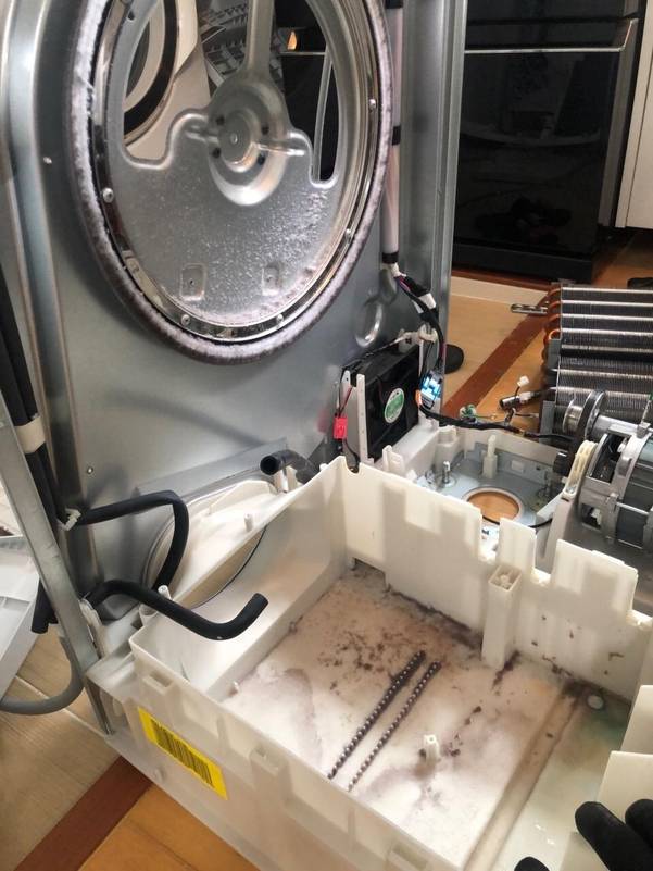 ‘엘지건조기자동콘덴서 문제점’ 네이버 밴드에 한 가입자가 올린 사진. 건조기를 분해해 콘덴서를 들어낸 후 나타난 물때를 확인할 수 있다. /네이버 밴드 캡처