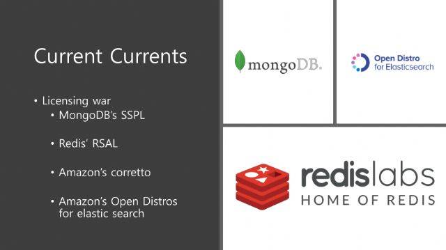 카카오 공용준 클라우드파트 리드의 '오픈인프라데이즈코리아2019' 기조강연 발표자료 일부. 클라우드 서비스 사업자와 라이선스 충돌 문제를 겪고 있는 사례 소개 슬라이드.