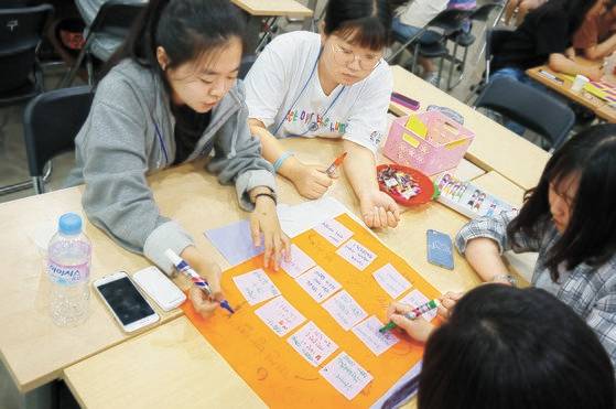 참가자들이 문제 상황에 대해 질문을 던지는 연습을 해봤다. 각자 포스트잇에 떠오르는 질문들을 적고 큰 종이에 붙인 뒤 비슷한 질문끼리 분류하고 분류 기준도 적었다.