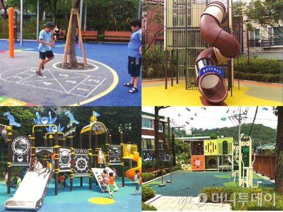 맨 위 왼쪽부터 시계방향으로 동대문구 안골어린이공원, 중랑구 사랑어린이공원, 관악구 난우어린이공원, 금천구 골말어린이공원  /사진제공=서울특별시 창의어린이놀이터 e-북