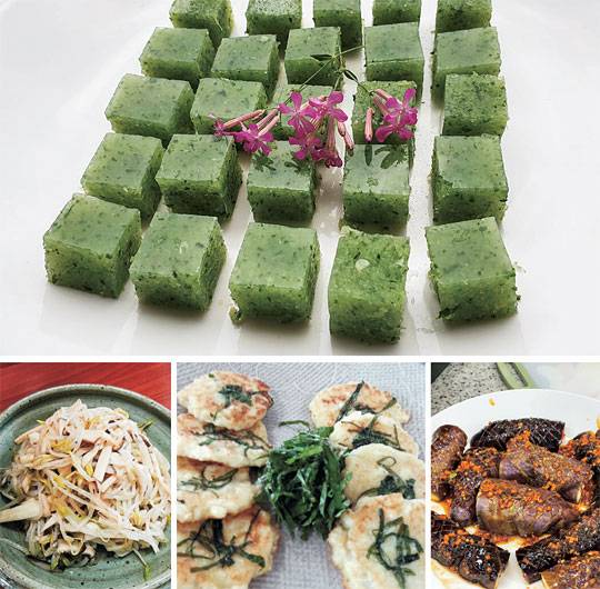 동화사 템플스테이 쿠킹클래스에서는 텃밭에서 난 제철 채소로 사찰음식을 직접 만들 수 있다. 위 큰 사진은 오이묵, 아래 사진 왼쪽부터  버섯숙주나물볶음, 옥수수전, 가지구이.