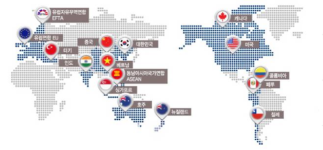 우리나라의 FTA 발효국 현황. 2000년대 초부터 FTA를 추진했던 일본과는 지금도 협정을 맺지 않았다. (자료=산업통상자원부)