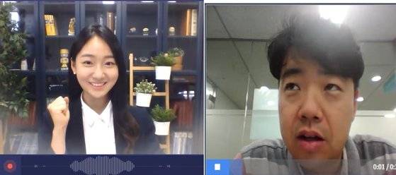 AI면접에선 화면내 카메라 인식 범위를 자주 벗어나면 신뢰불가 결과를 받을 수 있다. 정상적인 범위 내에 있는 AI면접 응시자(왼쪽)와 카메라의 정상 범위를 벗어난 중앙일보 박민제 기자(오른쪽)의 응시 화면 [사진 마이다스아이티]