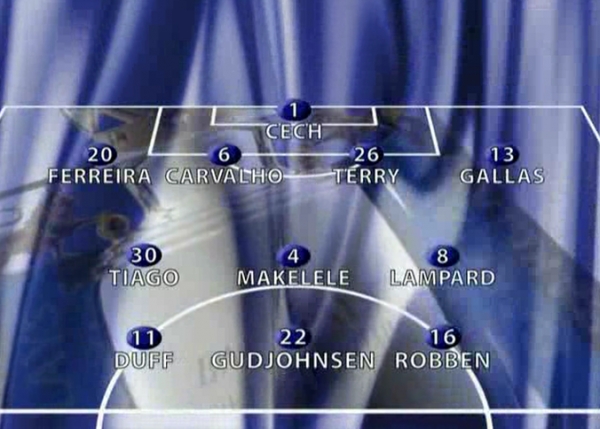 2004/05시즌 첼시 라인업. 로벤은 정발 윙어로 뛰었다