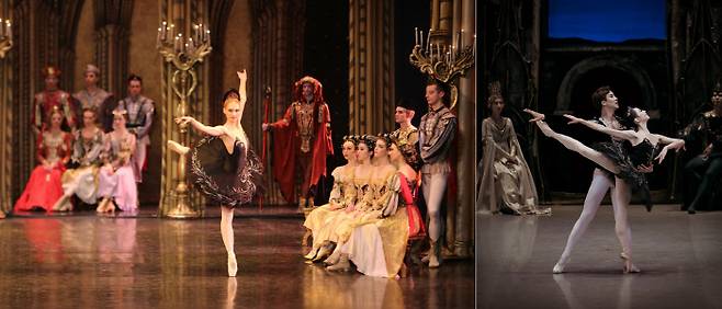 러시아 상트페테르부르크발레시어터(SPBT)의 수석무용수 이리나 코레스니코바가 <백조의 호수> 속 흑조 ‘오딜’을 선보이고 있다(왼쪽 사진), 국립발레단은 볼쇼이발레단의 안무가 유리 그리고로비치 버전의 공연을 준비했다(오른쪽). 마스트엔터테인먼트·국립발레단 제공