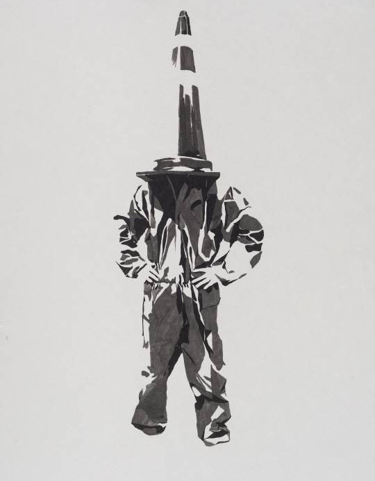 김지훈 작가의 작품 ‘날 따라 해봐요’(116.8×91.6㎝, 장지에 먹, 2019). 후라질맨의 모습이 형상화돼 있다.