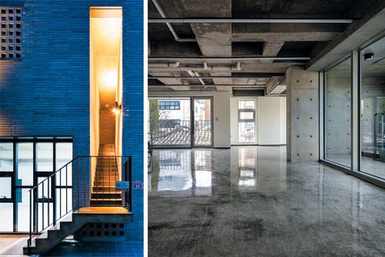 건물에 내부 마감 공사는 최소화하고 공용부인 계단을 특화해 설계한 서울 마포구 성산동의 상가 주택 '어반멤브레인'(왼쪽 사진). 벽과 천장을 노출 콘크리트 구조로 만든 서울 중구 신당동의 '모퉁이빌딩' 내부 모습. /리슈건축사무소 홍만식 소장