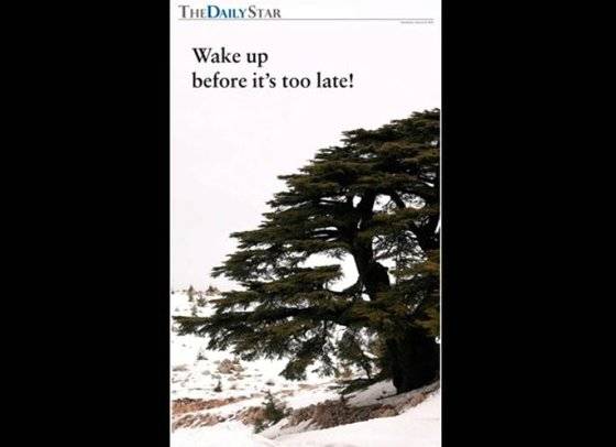 맨 마지막 뒷면은  "너무 늦기 전에 일어나세요!"라는 문구와 국가 상징 나무인 레바논 삼나무 사진을 배치했다. [사진 데일리 스타 홈페이지]