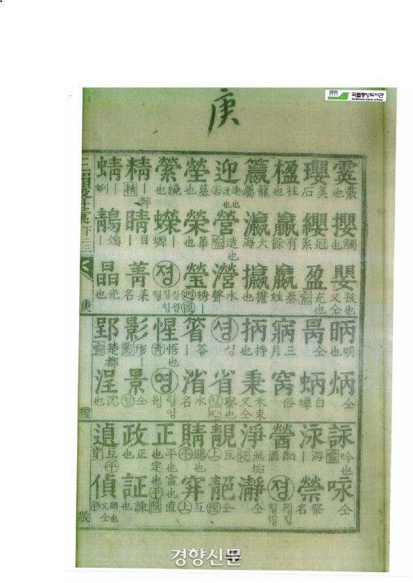 영조 때 명신 홍계희(1703~1771)의 저작인 <삼운성휘>의 ‘경부(梗部)’. ‘셩(성)’에 서성의 이름자(삼수면에 省자)가 들어있다. <규장전운> 편찬 때 이 ‘성’자를 빼내고 그 자리에 ‘示+示’자를 넣고 ‘성’으로 읽도록 했다.|국립중앙도서관 제공