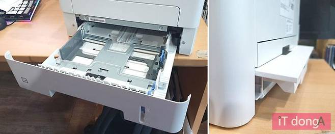 하단 용지함(250매)에 A4용지를 넣으면 본체 뒤쪽으로 용지함 일부가 살짝 튀어나온다