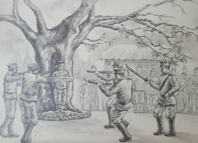 토지조사과정에서 일본 경찰에 의한 농민 즉결 총살 이미지. /삽화=김명서