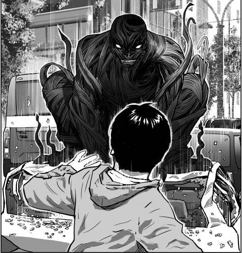 연상호 감독은 네이버 웹툰 ‘지옥’을 연재하면서 검은 형체의 저승사자 등 일부 설정들을 연작 애니메이션 영화 ‘지옥-두 개의 삶’에서 가져왔다. 최규석 작가 제공