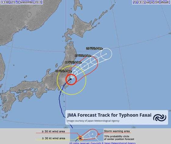 일본에 상륙한 태풍 파사이 진로. [트위터캡쳐]