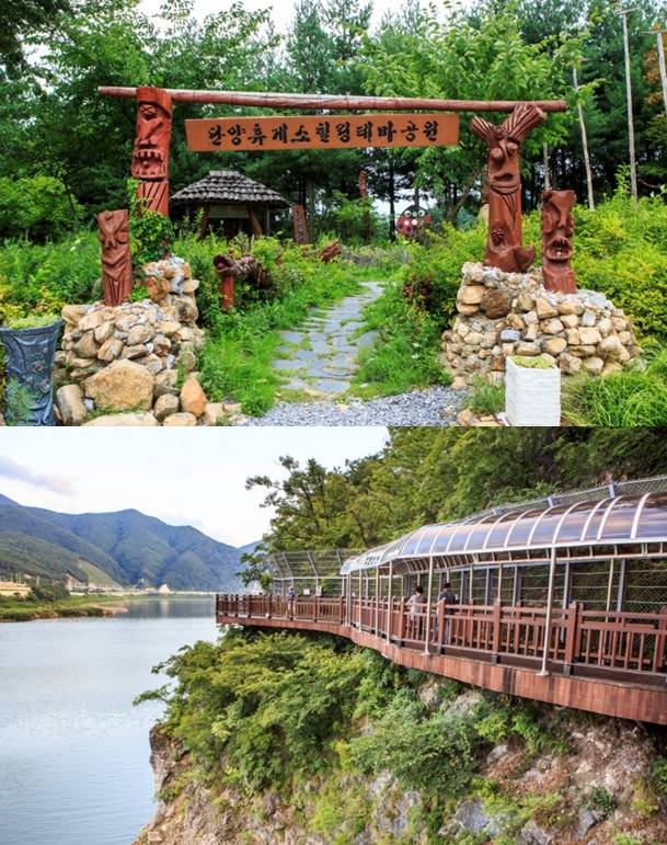 단양팔경휴게소가 꾸며놓은 원두막(위)과 인근 단양강을 따라 마련된 잔도의 모습. /사진=한국관광공사