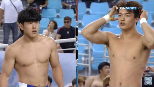 씨름 열풍에 불을 댕긴 김원진(왼쪽)과 황찬섭 선수.