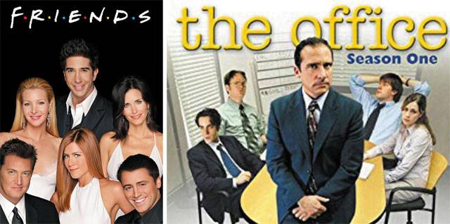 미국 시트콤 ‘더 오피스’(오른쪽)는 지난해 미국 넷플릭스에서 가장 많이 본 콘텐츠다. NBC에서 2005년 처음 방송됐다. 2위는 같은 방송국이 1994년 처음 방영한 ‘프렌즈’(왼쪽)./NBC 캡처