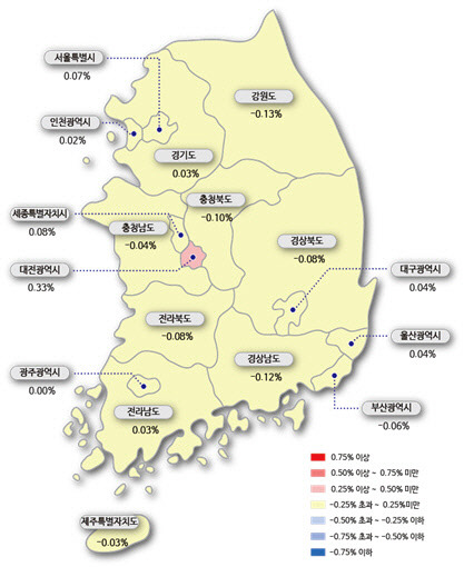 서울 아파트값이 지난 7월 이후 15주 연속 상승세를 이어가고 있다. 전국 시도별 아파트 매매가격지수 변동률 지도.<한국감정원 제공>