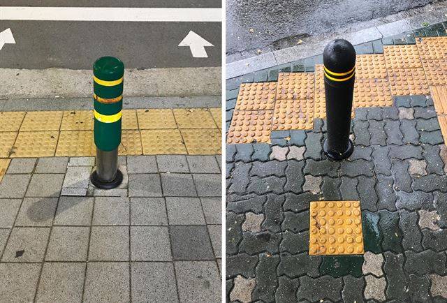 [볼라드 앞 점형 블록 실종] 차량의 보도 진입을 막기 위해 설치한 볼라드는 시각장애인이 충돌해 다칠 수 있어 30㎝ 전면에 점형 블록을 설치하게 돼 있지만 지키지 않는 경우가 대부분이다. 왼쪽 사진은 점형 블록이 설치되지 않은 경기 고양시의 경우, 오른쪽은 점형 블록이 설치된 서울 중림동.