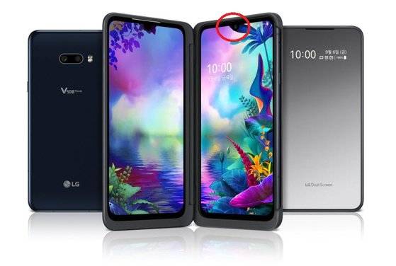 V50S의 마케팅 포인트는 3200만 화소 전면 카메라다.(빨간 원) LG는 삼성의 고해상도 센서를 탑재한 다음, 최적화 작업을 통해 셀피 카메라에도 마치 메인 카메라 같은 성능을 구현했다고 한다. [사진 LG전자]