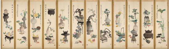 안중식과 조석진 합작 <기명절지도>, 1902, 비단에 채색, 각폭 138.0×33.0㎝, 아모레퍼시픽미술관.