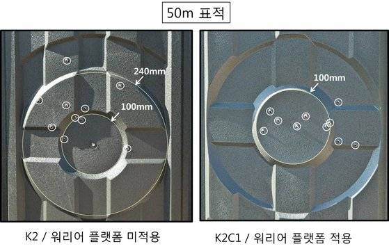 일반 소총과 워리어 플랫폼 적용 소총 50m 표적 사격 비교. 영상캡처=공성룡 기자