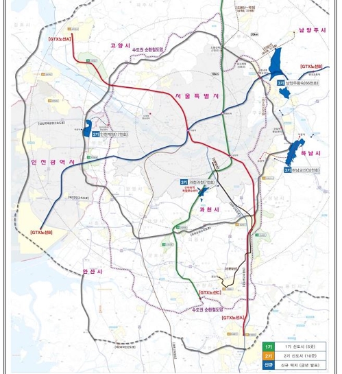 공공주택지구로 지정된 3기 신도시 입지 5곳 위치 [국토교통부 제공]