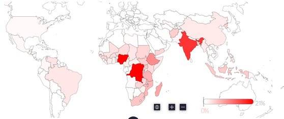 빨간색이 진할수록 극빈층 인구가 많은 것을 뜻함. [자료: 세계빈곤시계]