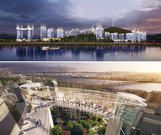 (위)GS건설이 제안한 ‘한남자이더헤리티지’ 전체 외관 디자인 (아래) 대림건설 ‘아크로한남카운티’ 스카이브리지