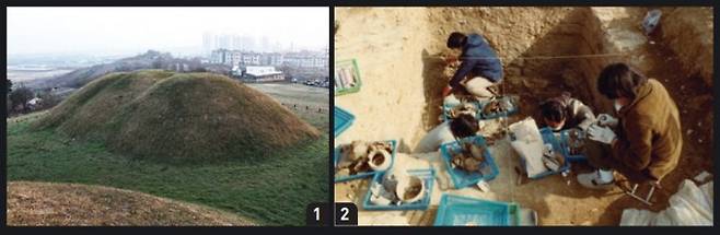 ① 임당동 유적 고분군 전경.  ② 1980년대 임당동 고분에서 유물을 수거하는 모습. 유물은 물론 발견된 고인골도 보존하여, 후대 연구에 도움을 주었다.