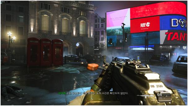 게임 초반의 런던 테러는 밤이라는 절제된 조명환경을 통해 제한된 조명의 하이라이트로 시각환경을 만들고, 도심 테러의 다양한 사운드로 보이지 않는 영역을 채워냈다. 그 과정에서 한국어로 들려오는 비명과 욕설은 상황을 더욱 구체적으로 연출한다.