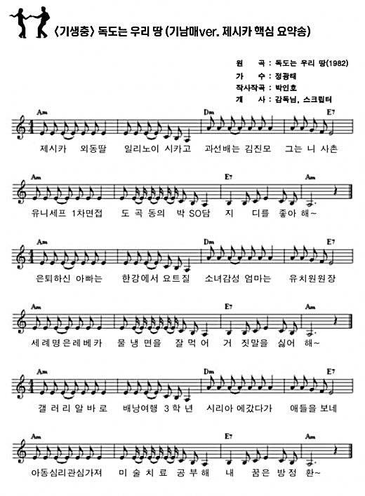 영화 '기생충'에서 기정(박소담)-기우(최우식) 남매가 불렀던 '제시카 송' 혹은 '일리노이 송'의 풀버전. [사진 CJ엔터테인먼트]